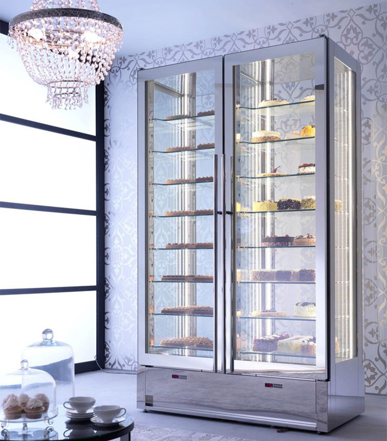 refrigerated display case used for wine cellar, charcuterie and pastry/chocolate case applications