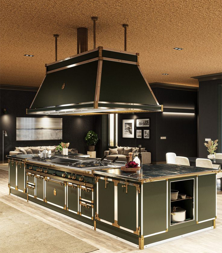 Luxury Kitchen containing interior color of black and golden