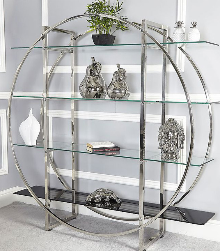 A very beautiful round shape decorative shelve stand made up of steel tubes and glass